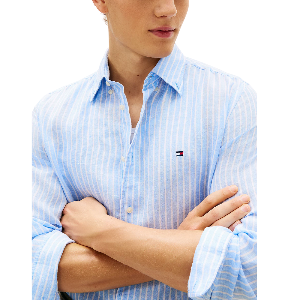 TOMMY HILFIGER</br>Tommy Hilfiger Linen Bengal Stripe Regular Shirt MW0MW42400-0A5 Ανδρικό Πουκάμισο Σιέλ/Λευκό Ριγέ Λινό