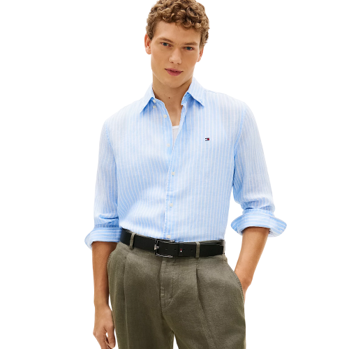 Tommy Hilfiger Linen Bengal Stripe Regular Shirt MW0MW42400-0A5 Ανδρικό Πουκάμισο Σιέλ/Λευκό Ριγέ Λινό