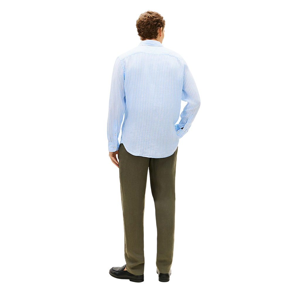 TOMMY HILFIGER</br>Tommy Hilfiger Linen Bengal Stripe Regular Shirt MW0MW42400-0A5 Ανδρικό Πουκάμισο Σιέλ/Λευκό Ριγέ Λινό