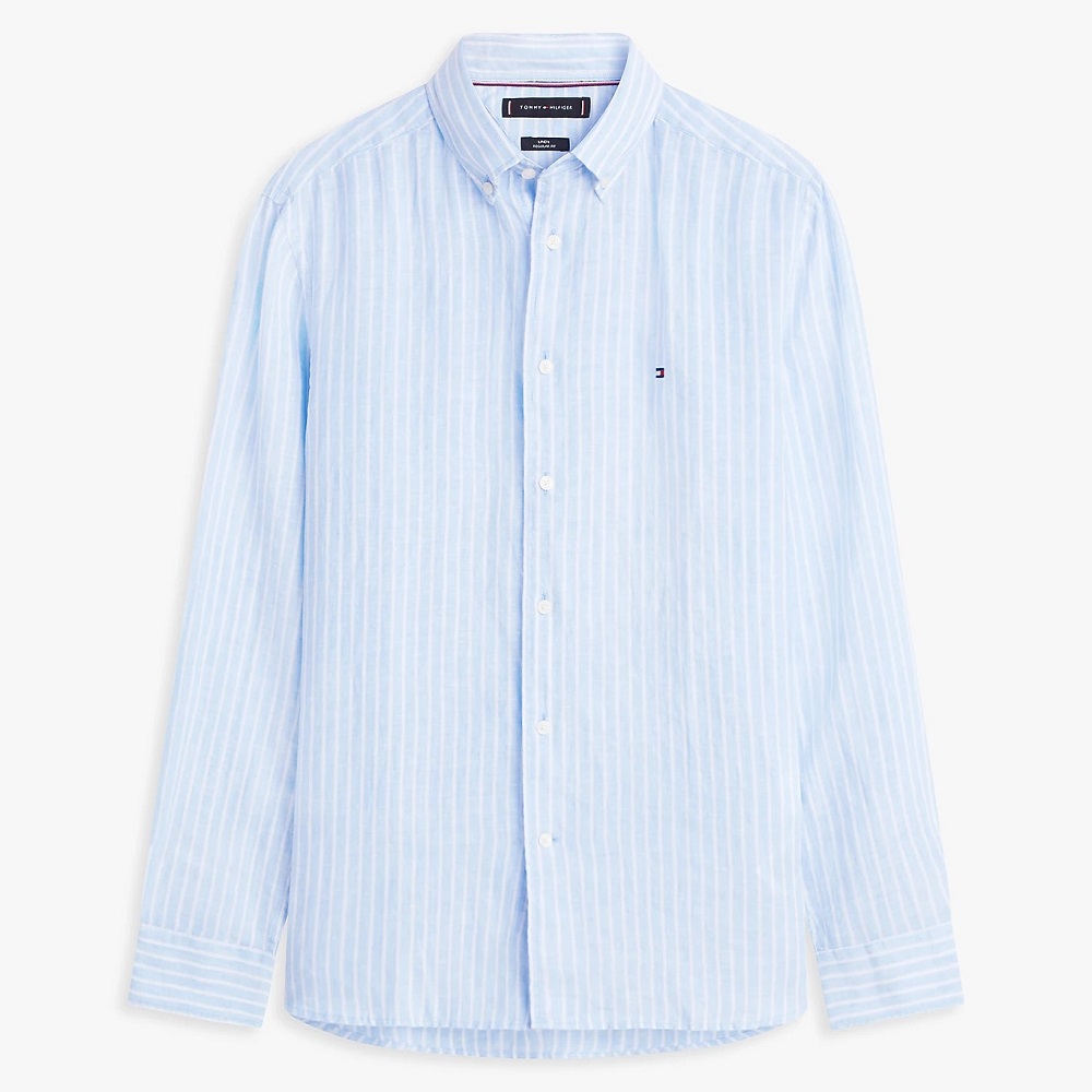 TOMMY HILFIGER</br>Tommy Hilfiger Linen Bengal Stripe Regular Shirt MW0MW42400-0A5 Ανδρικό Πουκάμισο Σιέλ/Λευκό Ριγέ Λινό