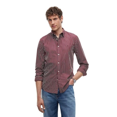 Tommy Hilfiger THFlex Hairline Stripe Poplin Regular Shirt MW0MW44571-0EV Ανδρικό Πουκάμισο Μπορντώ/Λευκό Ριγέ