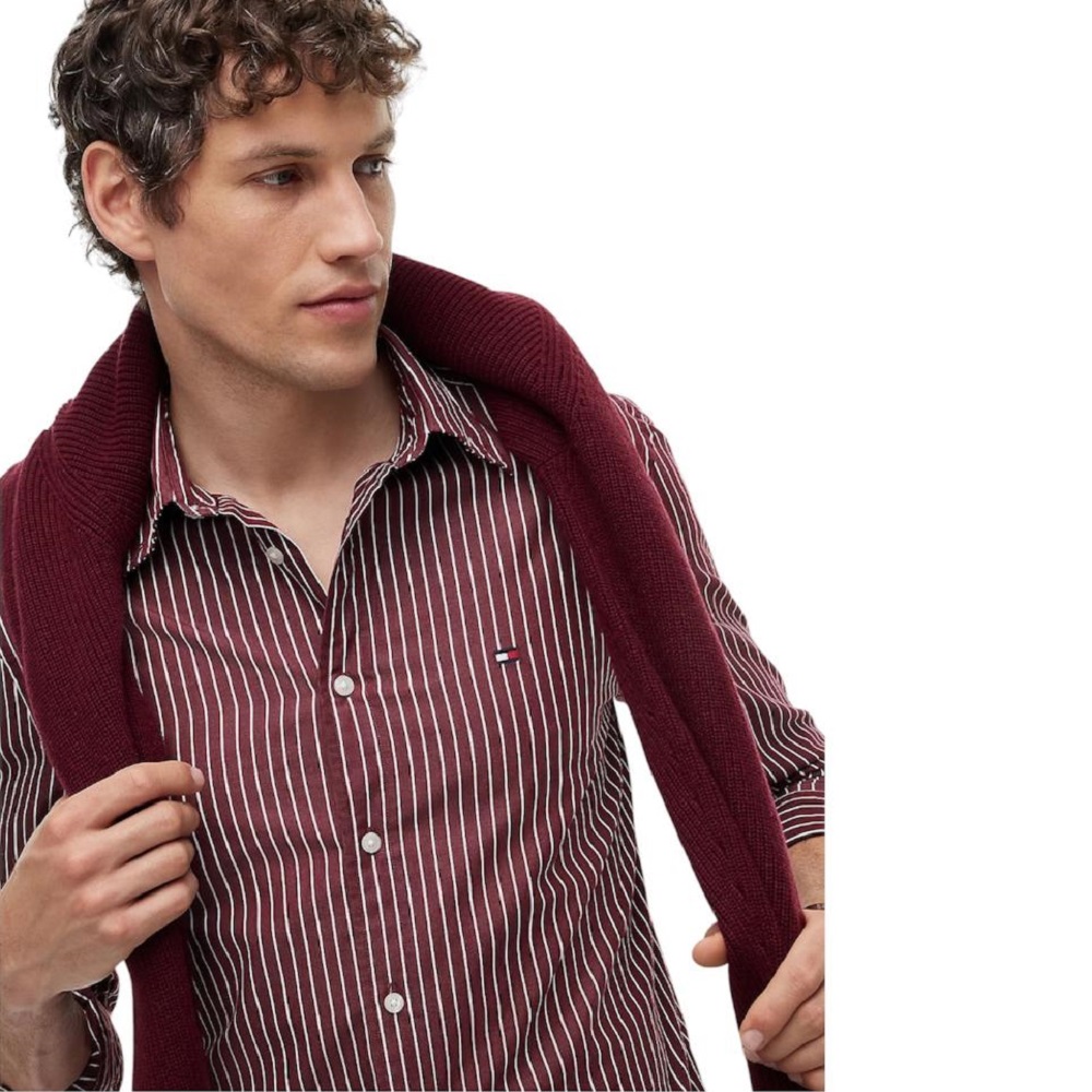 TOMMY HILFIGER</br>Tommy Hilfiger THFlex Hairline Stripe Poplin Regular Shirt MW0MW44571-0EV Ανδρικό Πουκάμισο Μπορντώ/Λευκό Ριγέ