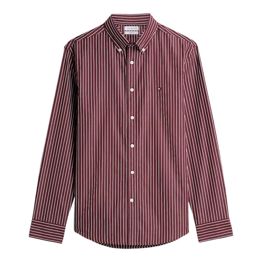 TOMMY HILFIGER</br>Tommy Hilfiger THFlex Hairline Stripe Poplin Regular Shirt MW0MW44571-0EV Ανδρικό Πουκάμισο Μπορντώ/Λευκό Ριγέ