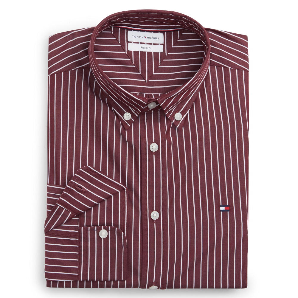 TOMMY HILFIGER</br>Tommy Hilfiger THFlex Hairline Stripe Poplin Regular Shirt MW0MW44571-0EV Ανδρικό Πουκάμισο Μπορντώ/Λευκό Ριγέ