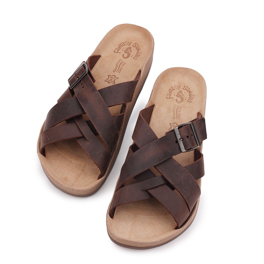 FANTASY SANDALS</br>Ανδρικές Παντόφλες Καφέ Δέρμα S002 HERCULES Fantasy Sandals