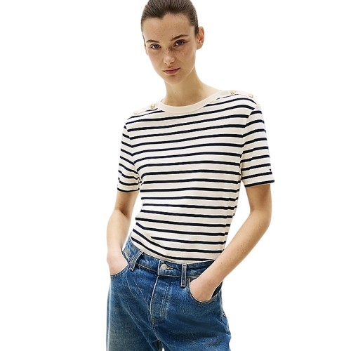 Γυναικεία Μπλούζα Εκρού/Μπλε Reg Stripe Gold Btn C-nk Ss WW0WW42907-0FC Tommy Hilfiger