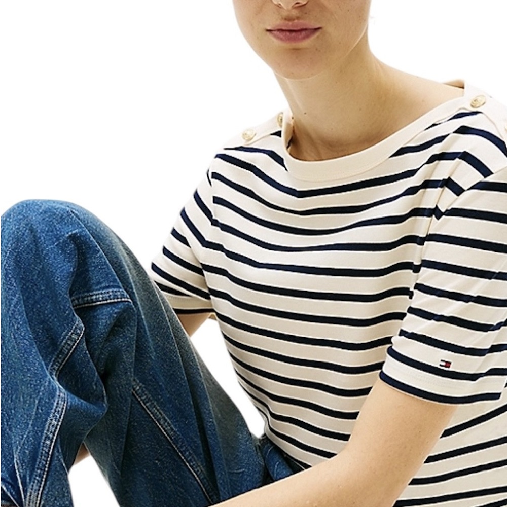 TOMMY HILFIGER</br>Γυναικεία Μπλούζα Εκρού/Μπλε Reg Stripe Gold Btn C-nk Ss WW0WW42907-0FC Tommy Hilfiger TOMMY HILFIGER</br>Γυναικεία Μπλούζα Εκρού/Μπλε Reg Stripe Gold Btn C-nk Ss WW0WW42907-0FC Tommy Hilfiger