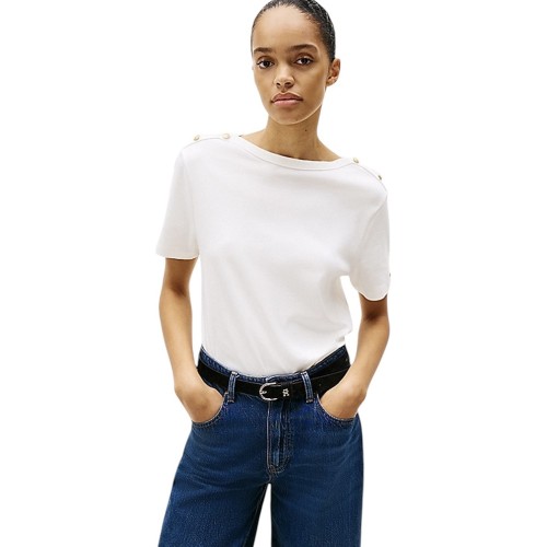 Γυναικεία Μπλούζα Εκρού Reg Stripe Gold Btn C-nk Ss WW0WW42907-YBL Tommy Hilfiger