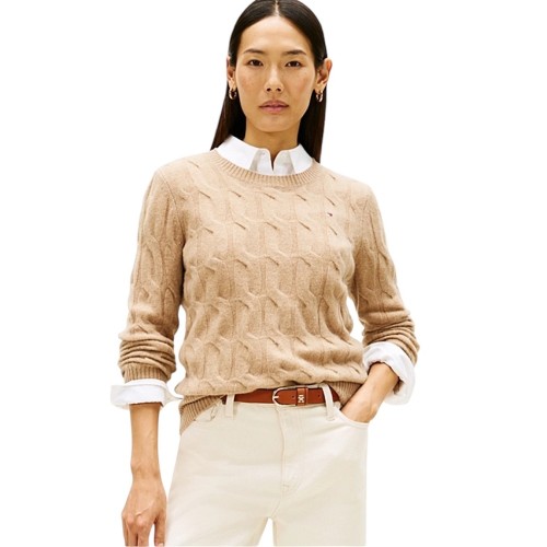 Tommy Hilfiger WW0WW43586-ADM Γυναικείο Πουλόβερ Μπεζ Soft Wool Cable C-nk Tommy Hilfiger WW0WW43586-ADM Γυναικείο Πουλόβερ Μπεζ Soft Wool Cable C-nk