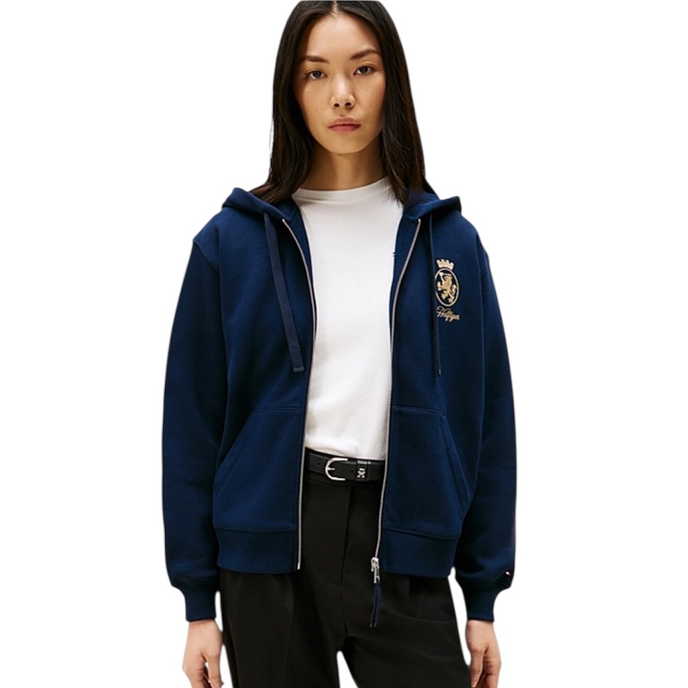TOMMY HILFIGER</br>Tommy Hilfiger WW0WW46126-C1G Γυναικεία Ζακέτα Μπλε Gold Crest Terry Zip Through