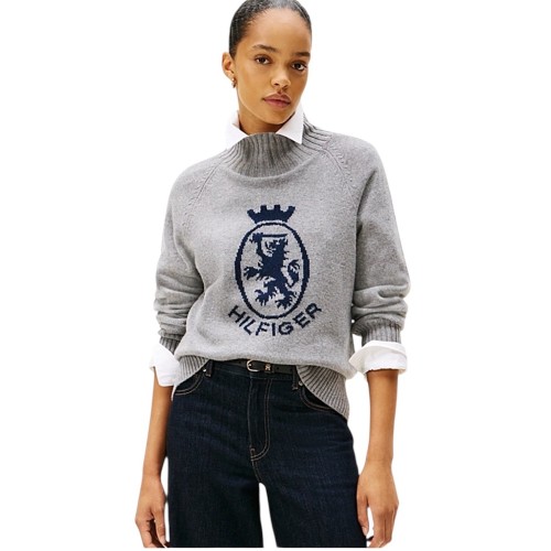 Tommy Hilfiger WW0WW46434-P03 Γυναικείο Πουλόβερ Γκρι Wool Blend Graphic Mock-nk Tommy Hilfiger WW0WW46434-P03 Γυναικείο Πουλόβερ Γκρι Wool Blend Graphic Mock-nk