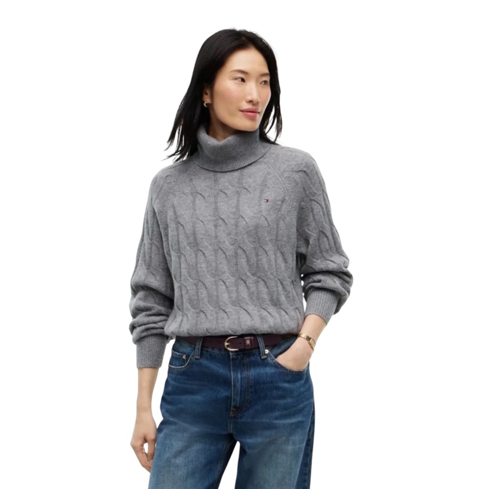 TOMMY HILFIGER</br>Tommy Hilfiger Soft Wool Cable Roll-Nk Ls Swt WW0WW46791-P7D Γυναικείο Πουλόβερ Γκρι TOMMY HILFIGER</br>Tommy Hilfiger Soft Wool Cable Roll-Nk Ls Swt WW0WW46791-P7D Γυναικείο Πουλόβερ Γκρι