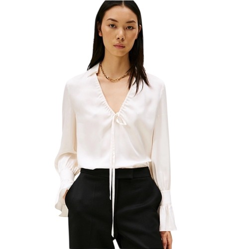 Tommy Hilfiger WW0WW46846-YA8 Γυναικεία Μπλούζα Εκρού Sateen Ruffle Tie Neck Shirt Tommy Hilfiger WW0WW46846-YA8 Γυναικεία Μπλούζα Εκρού Sateen Ruffle Tie Neck Shirt