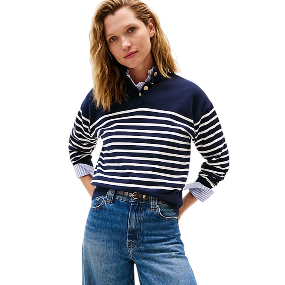 TOMMY HILFIGER</br>Tommy Hilfiger WW0WW47467-0FI Γυναικείο Πουλόβερ Μπλε Co Jersey Gold Btn Mock-Nk 