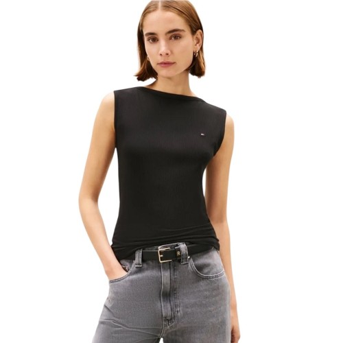 Tommy Hilfiger WW0WW47807-BDS Γυναικείο T-shirt Μαύρο Slim 5x2 Rib Boat-Nk Tank