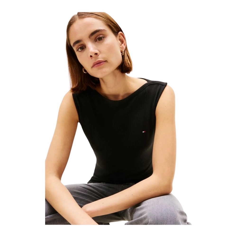 TOMMY HILFIGER</br>Tommy Hilfiger WW0WW47807-BDS Γυναικείο T-shirt Μαύρο Slim 5x2 Rib Boat-Nk Tank