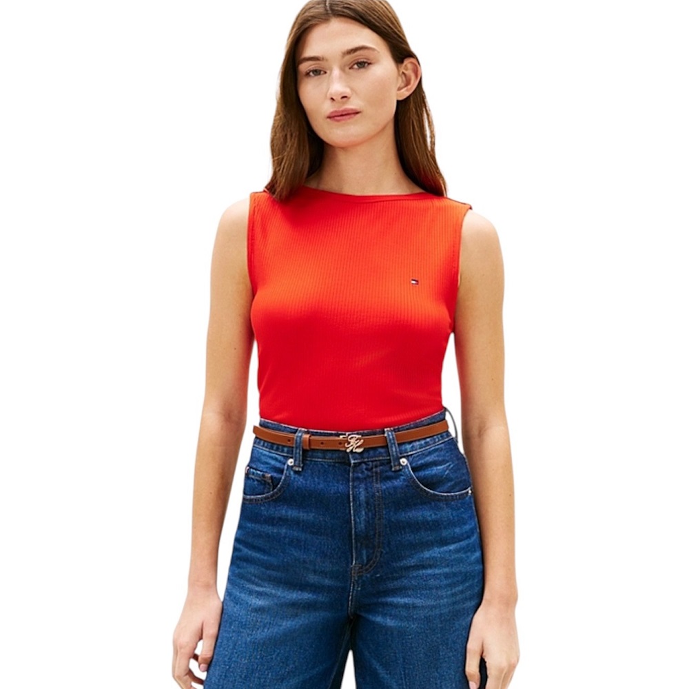 TOMMY HILFIGER</br>Tommy Hilfiger WW0WW47807-SNE Γυναικείο T-shirt Κόκκινο Slim 5x2 Rib Boat-Nk Tank