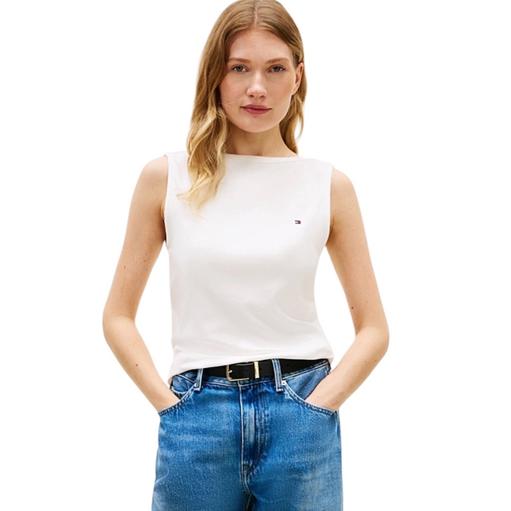 TOMMY HILFIGER</br>Tommy Hilfiger WW0WW47807-YBL Γυναικείο T-shirt Εκρού Slim 5x2 Rib Boat-Nk Tank