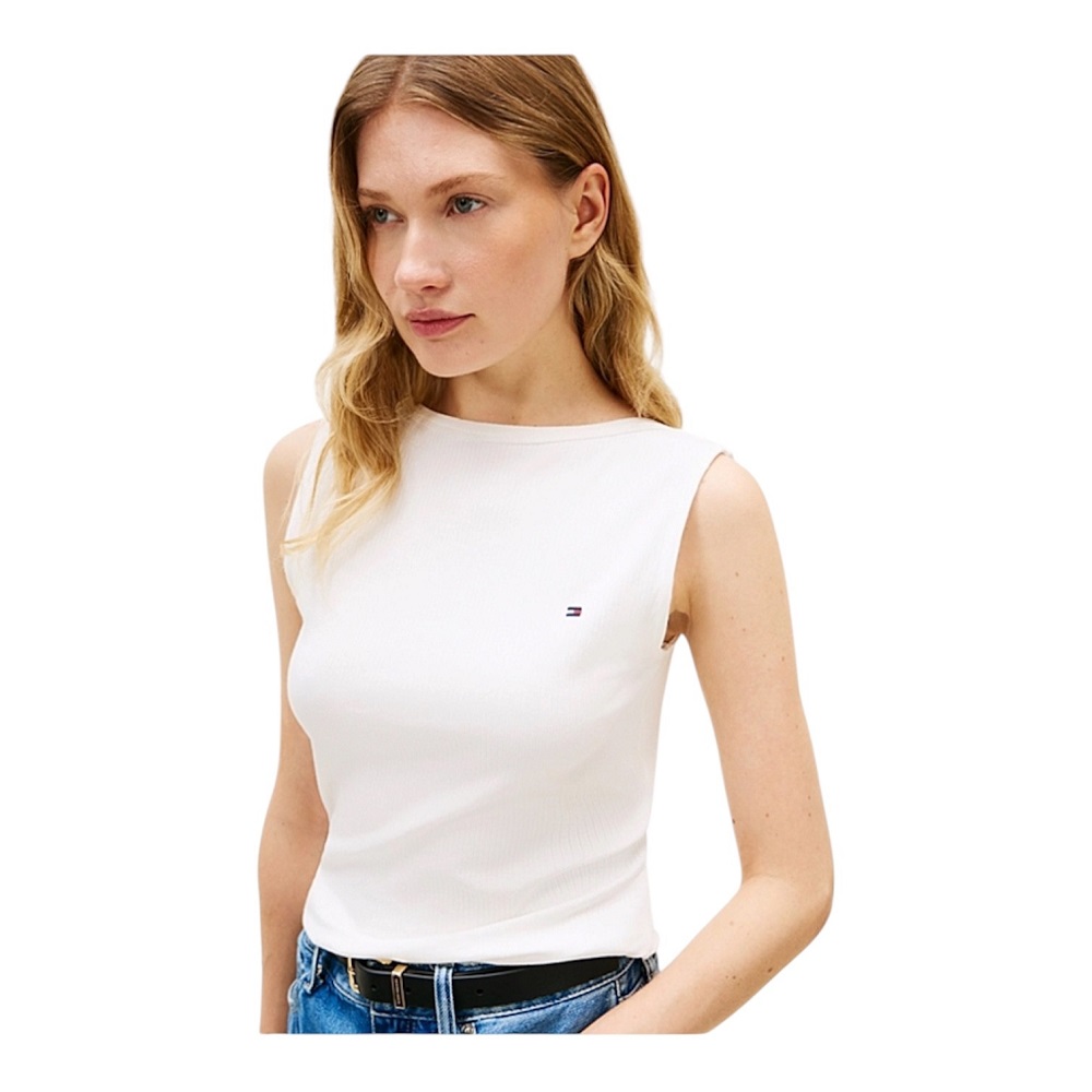 TOMMY HILFIGER</br>Tommy Hilfiger WW0WW47807-YBL Γυναικείο T-shirt Εκρού Slim 5x2 Rib Boat-Nk Tank