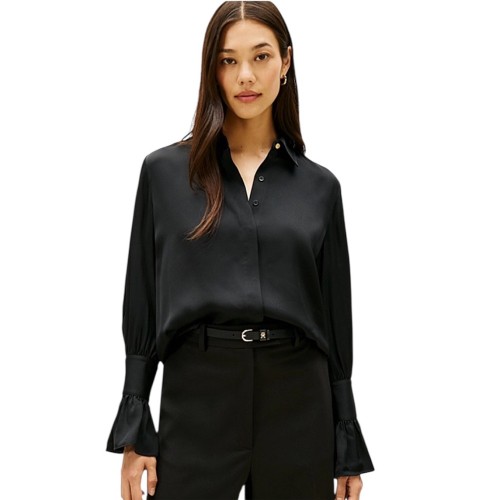 Tommy Hilfiger WW0WW48259-BDS Γυναικείο Πουκάμισο Μαύρο Satten Ruffle Cuff Ls Shirt