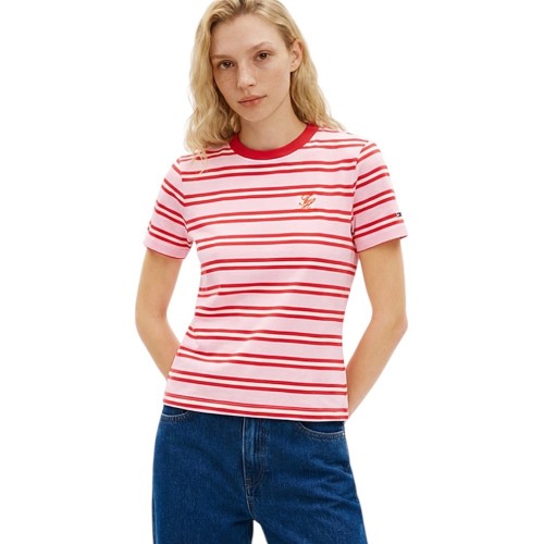 Tommy Hilfiger WW0WW48699-0D3 Γυναικείο T-shirt Ροζ/Κόκκινο Th Script Reg C-nk Ss Tee