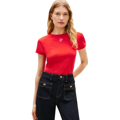 Tommy Hilfiger WW0WW48710-SNE Γυναικείο T-shirt Κόκκινο Th Script Slim Ss Tee