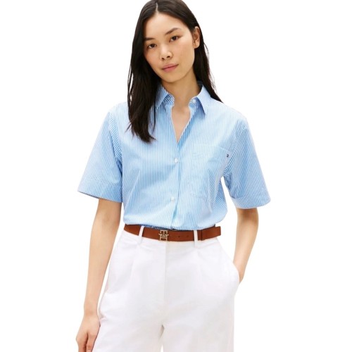 Tommy Hilfiger WW0WW48899-0BC Γυναικείο Πουκάμισο Ess Poplin Ss Shirts Γαλάζιο/Λευκό