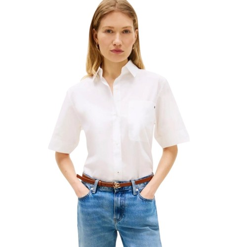 Tommy Hilfiger WW0WW48899-YCF Γυναικείο Πουκάμισο Ess Poplin Ss Shirts Λευκό