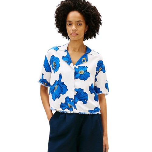 Tommy Hilfiger WW0WW48924-05S Γυναικείο Πουκάμισο Frayed Vis/Linen Ss Shirt Λευκό/Μπλε