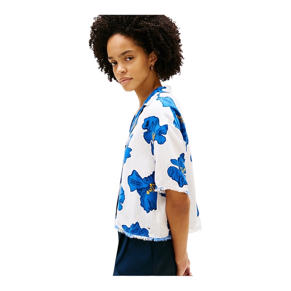 TOMMY HILFIGER</br>Tommy Hilfiger WW0WW48924-05S Γυναικείο Πουκάμισο Frayed Vis/Linen Ss Shirt Λευκό/Μπλε