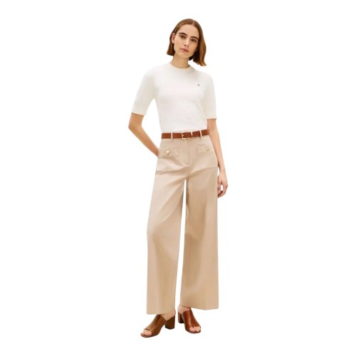 Tommy Hilfiger WW0WW49002-AEG Γυναικείο Παντελόνι Μπεζ Preppy Cotton Wide Leg Tommy Hilfiger WW0WW49002-AEG Γυναικείο Παντελόνι Μπεζ Preppy Cotton Wide Leg