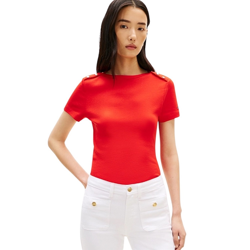 TOMMY HILFIGER</br> Tommy Hilfiger WW0WW49250-SNE Γυναικεία Μπλούζα Κόκκινο Gold Button Slim Ss Tee