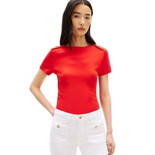  Tommy Hilfiger WW0WW49250-SNE Γυναικεία Μπλούζα Κόκκινο Gold Button Slim Ss Tee