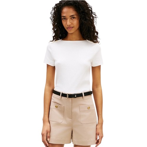 Tommy Hilfiger WW0WW49250-YBL Γυναικεία Μπλούζα Εκρού Gold Button Slim Ss Tee