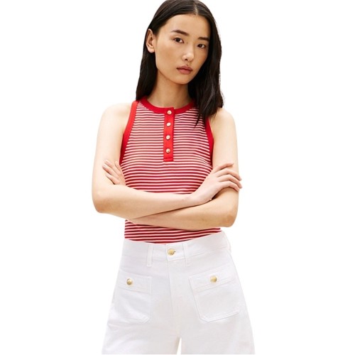 Tommy Hilfiger WW0WW49251-0EY Γυναικείο Τοπ Κόκκινο/Εκρού Gold Button Henley Top