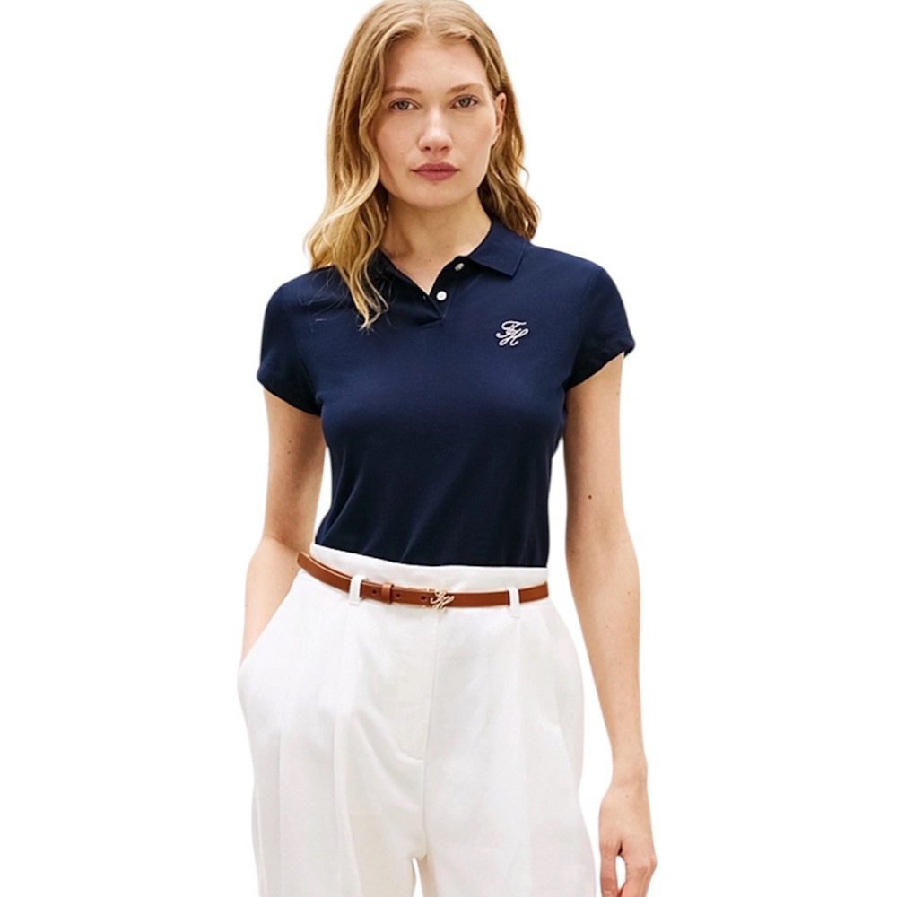 TOMMY HILFIGER</br>Tommy Hilfiger WW0WW49259-C1G Γυναικείο Polo Μπλε Th Script Slim Ss TOMMY HILFIGER</br>Tommy Hilfiger WW0WW49259-C1G Γυναικείο Polo Μπλε Th Script Slim Ss