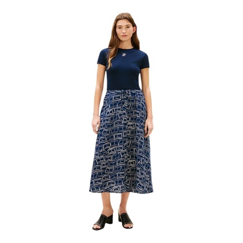 Tommy Hilfiger WW0WW50753-OGV Γυναικεία Φούστα Μπλε Ess Linen Flare Midi Skirt
