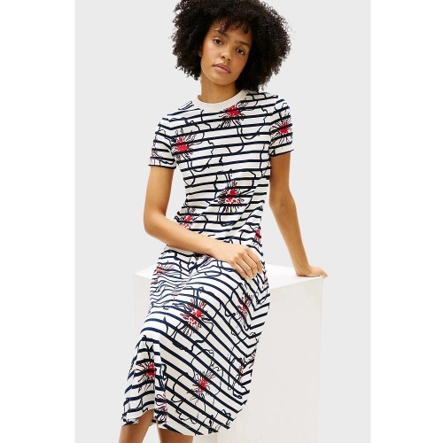 Tommy Hilfiger WW0WW50825-0X6 Γυναικείο Φόρεμα Εκρού/Μπλε Interlock F&F Midi Dress