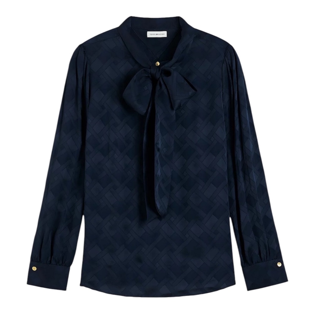 TOMMY HILFIGER</br>Tommy Hilfiger Fluid Jacquard Tie Detail Shirt WW0WW52238-C1G Γυναικείο Πουκάμισο Μπλε TOMMY HILFIGER</br>Tommy Hilfiger Fluid Jacquard Tie Detail Shirt WW0WW52238-C1G Γυναικείο Πουκάμισο Μπλε